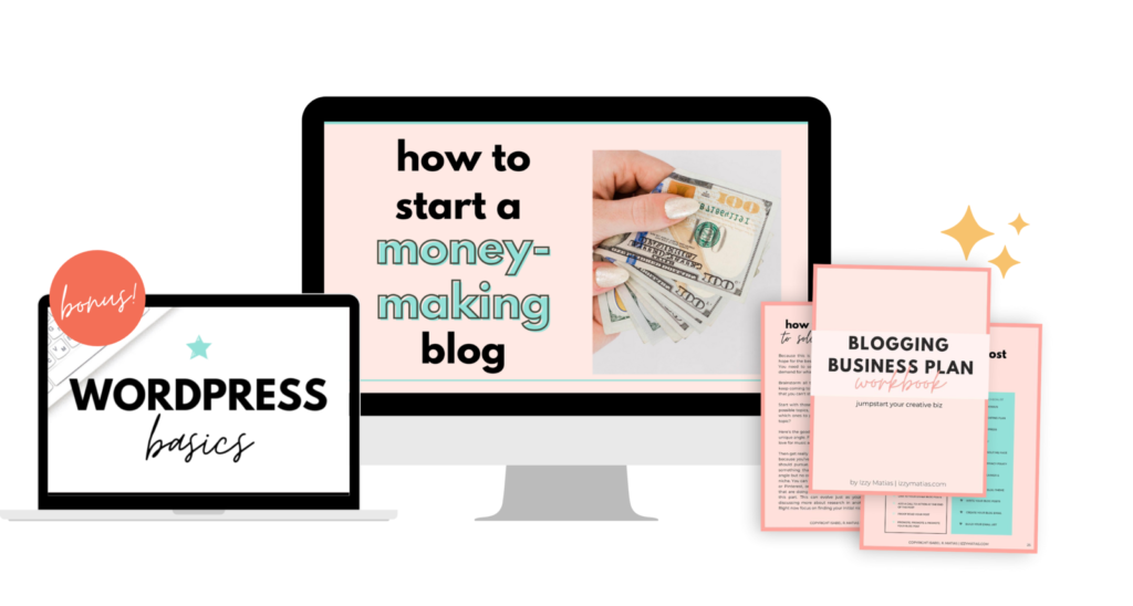 a monitor display with 'how to start a money making blog' and a graphic of the blogging business pna'